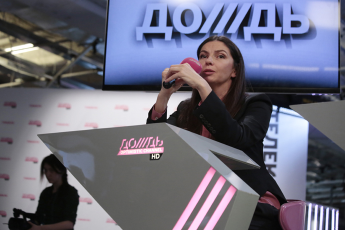 A co-owner and General Director of cable channel Dozhd (TV Rain), Natalya Sindeyeva attends a press conference at the channel office in Moscow , on February 4, 2014 (RIA Novosti / Alexey Nichukin)
