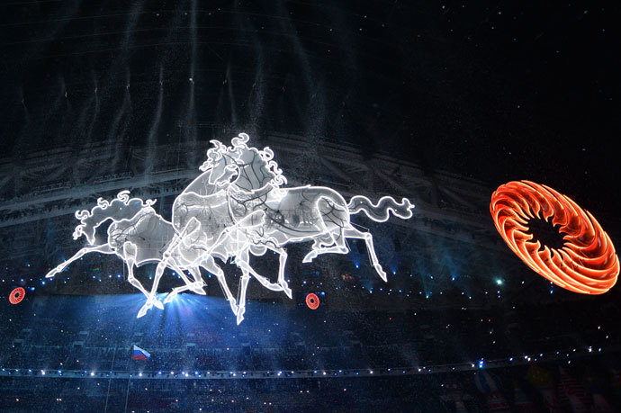 A picture taken on February 7, 2014 shows horse shaped light displays during the Opening Ceremony of the Sochi Winter Olympics at the Fisht Olympic Stadium in Sochi. (AFP Photo / Alberto Pizzoli )