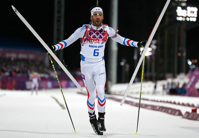 France's Martin Fourcade reacts after finishing in the men's biathlon 12.5 km pursuit event at the Sochi 2014 Winter Olympics in Rosa Khutor February 10, 2014. (Reuters / Stefan Wermuth)