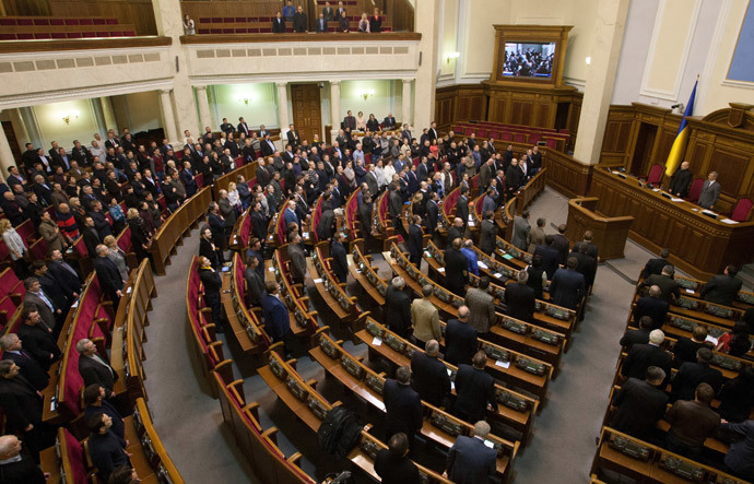 A general view of Ukraine's parliament during the vote to remove President Viktor Yanukovich from office hours after he abandoned his Kiev office to protesters and denounced what he described as a coup, in a session in Kiev February 22, 2014. (Reuters / Stringer)