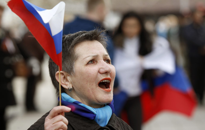 A pro-Russian supporter takes part in a meeting in Simferopol, March 6, 2014. (Reuters)