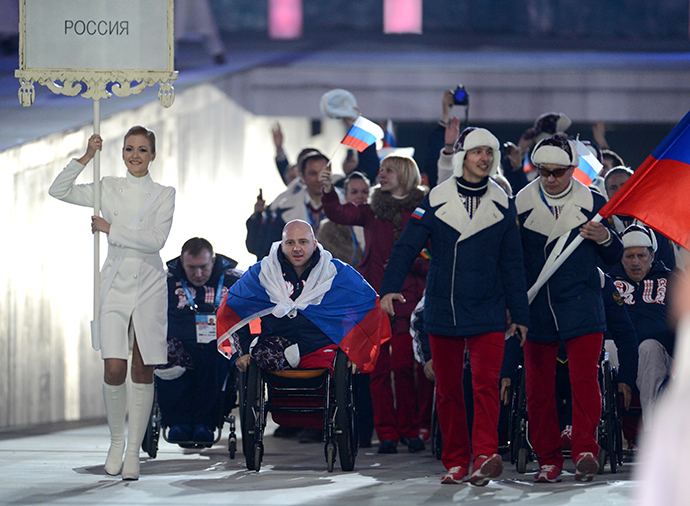Representatives of Russia during the parade of athletes and members of national delegations at the opening ceremony of the Sochi 2014 Winter Paralympics. (RIA Novosti)