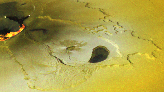 Lava spills onto the surface of Io during a volcanic eruption (Image courtesy of NASA/JPL/University of Arizona)