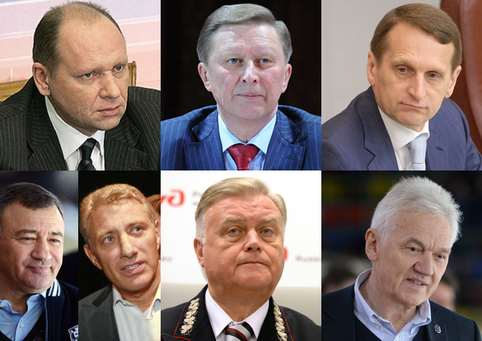 From Left to Right: Aleksey Gromov, Sergey Ivanov, Sergey Naryshkin, Arkady and Boris Rotenberg, Vladimir Yakunin, Gennady Timchenko (RIA Novosti)