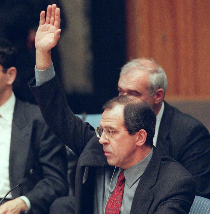 Sergey Lavrov, Russia's ambassador to the United Nations, at UNSC emergency meeting 26 March, 1999 (AFP Photo/Stan Honda)