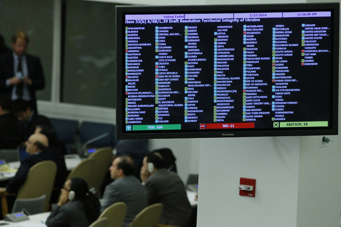 A screen shows the vote of delegates in the General Assembly about the draft resolution territorial integrity of Ukranine at the U.N. headquarters in New York March 27, 2014. (Reuters/Eduardo Munoz)