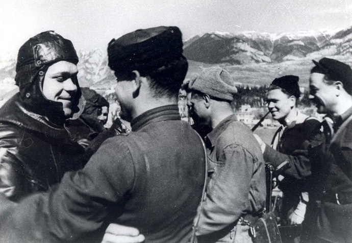 Soviet partisans meet with sailors in liberated Yalta, 1944.