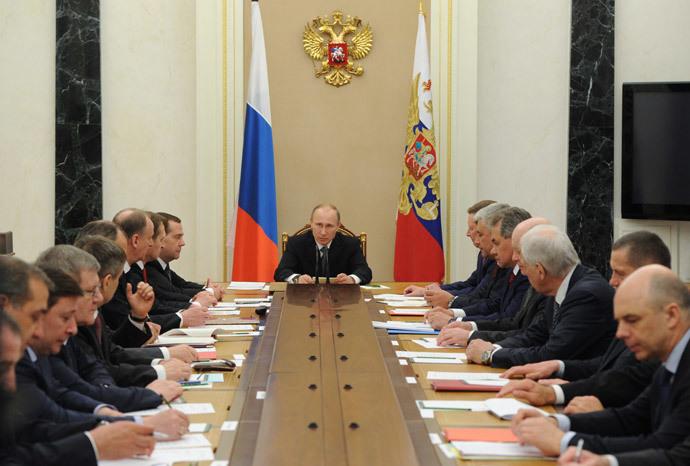 President Vladimir Putin (Ð¡) chairs a meeting of the Russian Security Council, at the Kremlin on April 22, 2014. (RIA Novosti / Michael Klimentyev) 