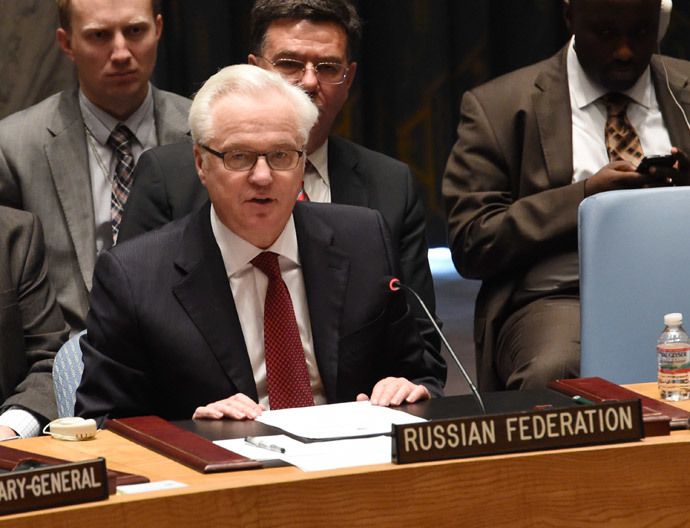 Vitaly Churkin, Russia's Ambassador to the United Nations, speaks during the Security Council meeting on Ukraine May 2, 2014 at UN headquarters in New York. (AFP Photo / Stan Honda)