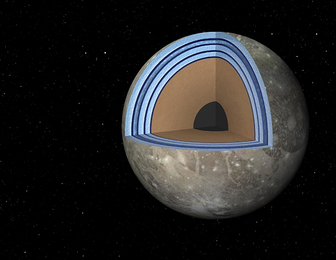 This artist's concept of Jupiter's moon Ganymede, the largest moon in the solar system, illustrates the "club sandwich" model of its interior oceans. (Reuters / NASA)