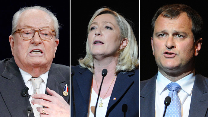 Jean-Marie Le Pen, France's National Front political party founder (L), France's far-right National Front leader Marine Le Pen (C), Louis Aliot, Front National South-West region candidate (R) (Reuters/AFP)