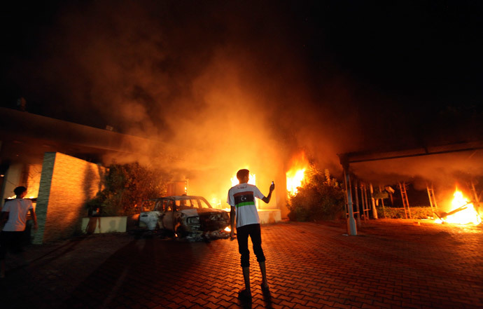 The U.S. Consulate in Benghazi is seen in flames during a protest by an armed group said to have been protesting a film being produced in the United States September 11, 2012.(Reuters / Esam Al-Fetori )