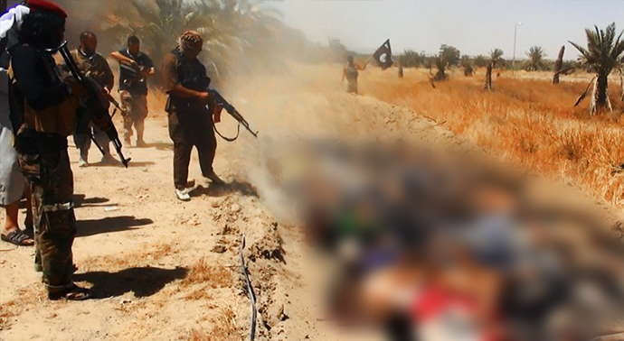 An image uploaded on June 14, 2014 on the jihadist website Welayat Salahuddin allegedly shows militants of the Islamic State of Iraq and the Levant (ISIL) executing dozens of captured Iraqi security forces members at an unknown location in the Salaheddin province. (AFP Photo)