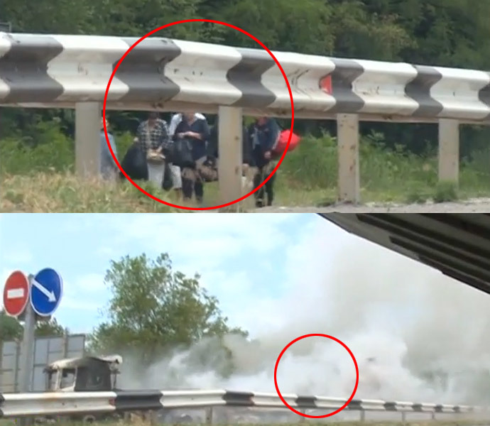 Civilians seen evacuating Lugansk (top) - seconds after a shell explodes just near them (bottom)