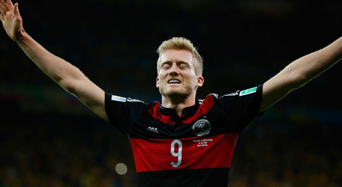 Germany's Andre Schuerrle celebrates after scoring the team's seventh goal during their 2014 World Cup semi-finals against Brazil at the Mineirao stadium in Belo Horizonte July 8, 2014.(Reuters / Damir Sagolj)
