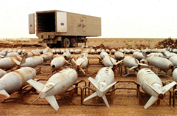 Undated file picture shows Chemical 500 pound aerial bombs filled with chemical warfare agents awaiting destruction by UNSCOM inspectors in charge of disarming Iraq at Muthanna south east of Iraq. (AFP Photo)