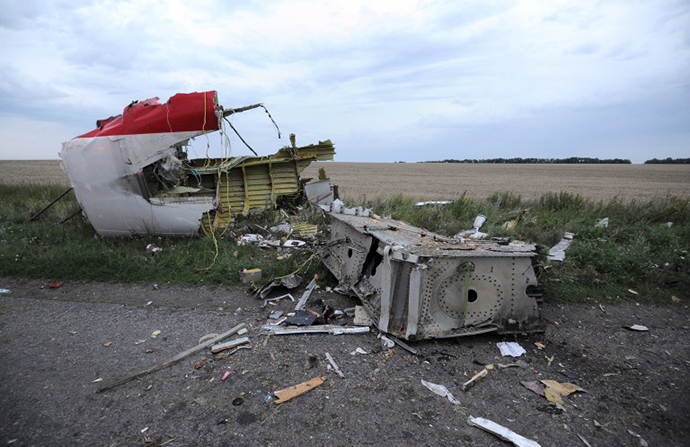 A picture taken on July 17, 2014 shows the wreckages of the malaysian airliner carrying 295 people from Amsterdam to Kuala Lumpur after it crashed, near the town of Shaktarsk. (AFP Photo / Dominique Faget)