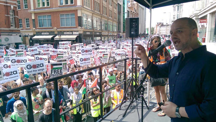 Anas Al Tikriti speaks at a recent protest in London against the the Israeli Administration's ongoing offensive in Gaza. (Photo from Twitter/@anasaltikriti)