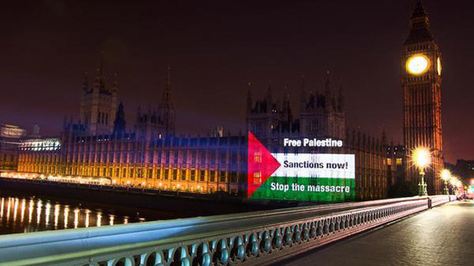 ​Projected protest: Pro-Palestine group beams flag on to Parliament