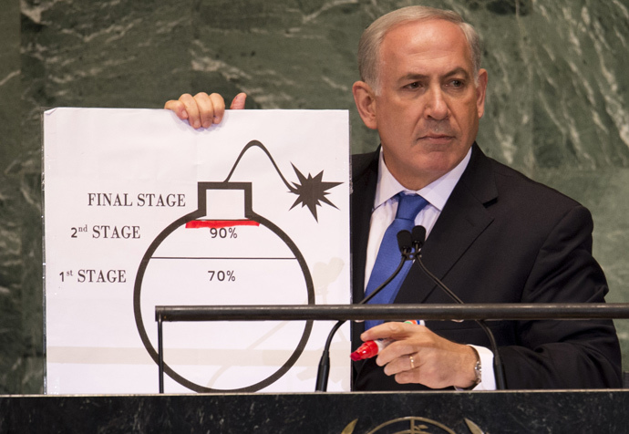 Benjamin Netanyahu, Prime Minister of Israel, uses a diagram of a bomb to describe Iran's nuclear program while delivering his address to the 67th United Nations General Assembly meeting September 27, 2012 at the United Nations in New York. (AFP Photo / Don Emmert)