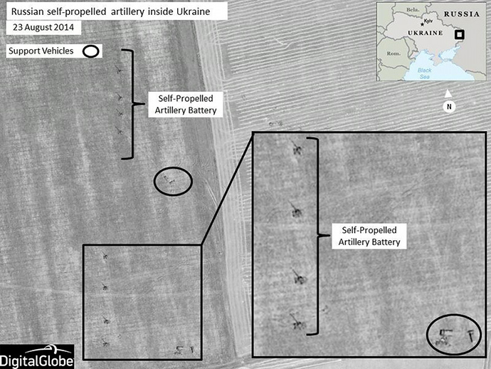 A handout photo provided on August 28, 2014 by DigitalGlobe via NATO allegedly shows Russian self-propelled artillery units set up in firing positions, near Krasnodon, Ukraine (AFP Photo / HO / DigitalGlobe)