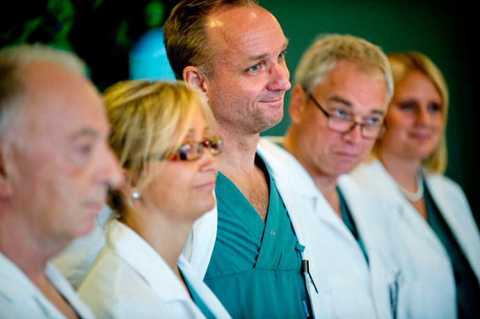 Surgeons Andreas G Tzakis, Pernilla Dahm-KÃ¤hler, Mats Brannstrom, Michael Olausson and Liza Johannesson (L-R) speak during a news conference at Sahlgrenska hospital in Gothenburg September 18, 2012.(Reuters / Adam Ihse)