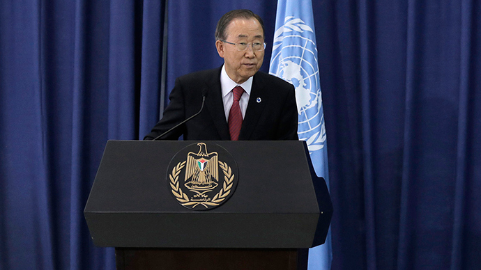 United Nations Secretary-General Ban Ki-moon hold a news conference in the West Bank city of Ramallah October 13, 2014 (Reuters / Ammar Awad)