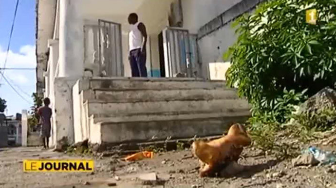 Pig's head left outside a mosque in the French territory of Mayotte. December, 2013. (Screenshot from RT report)