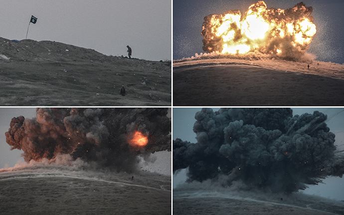 A combination of four images show from top left to bottom right:- militants of Islamic State (IS) seen just before and after an explosion from an air strike on Tilsehir hill near the Turkish-Syrian border on October 23, 2014, from Yumurtalik village, in Sanliurfa province. (AFP Photo / Bulent Kilic)
