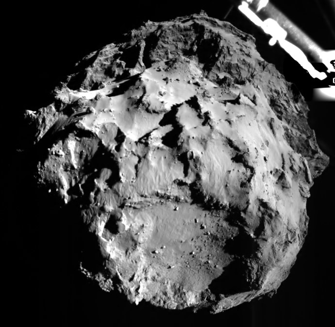 A handout photo released on November 12, 2014 by the European Space Agency and acquired the same day by the ROLIS (ROsetta Lander Imaging System) instrument, a descent and close-up camera on the Philae Lander, shows the comet 67P/Churyumov-Gerasimenko during Philae's descent at 14:38:41 UT, from a distance of approximately 3 km from the surface. (AFP/ESA)