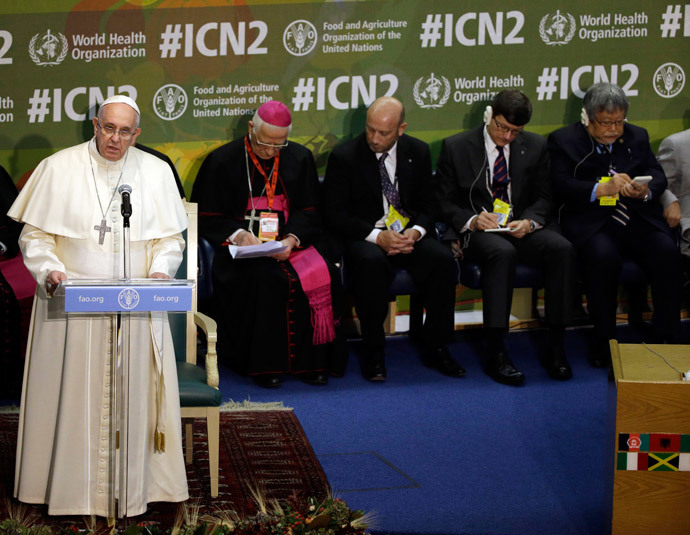 Pope Francis delivers a speech during the International conference on Nutrition (CIN2) on November 20, 2014 at the Food and Agriculture Organization (FAO) headquarters in Rome. (AFP Photo Pool / Gregorio Borgia)