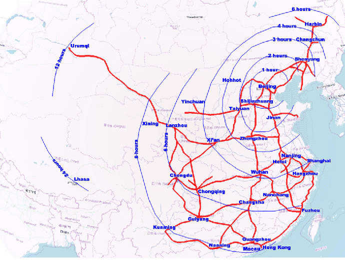 The expansive high-speed train network in China. Image from wikipedia.org