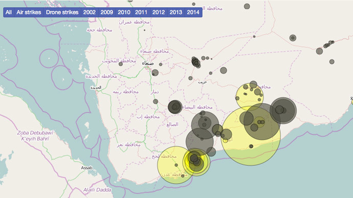 Image from newamerica.net showing location of drone strikes in Yemen.