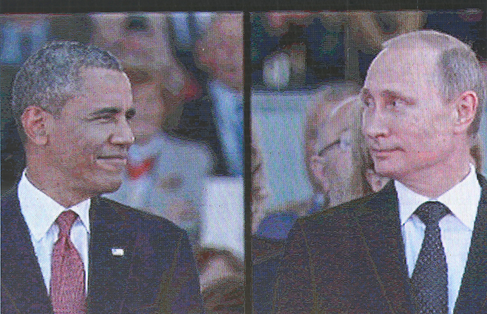 A huge video screen on Sword Beach shows US President Barack Obama and Russian President Vladimir Putin as they arrive for the International 70th D-Day Commemoration Ceremony in Ouistreham June 6, 2014. (Reuters / Kevin Lamarque)