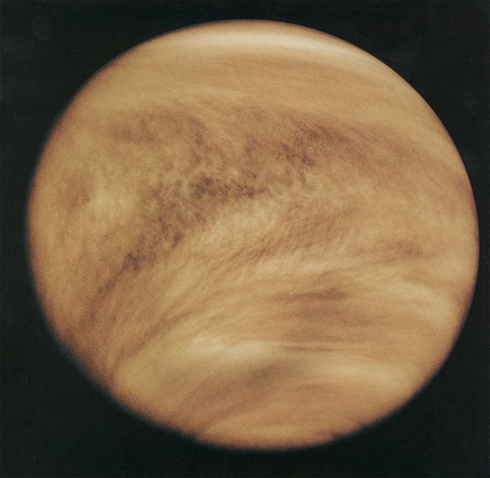 Cloud structure in the Venusian atmosphere in 1979, revealed by observations in the ultraviolet band by Pioneer Venus Orbiter (Image from wikipedia.org)