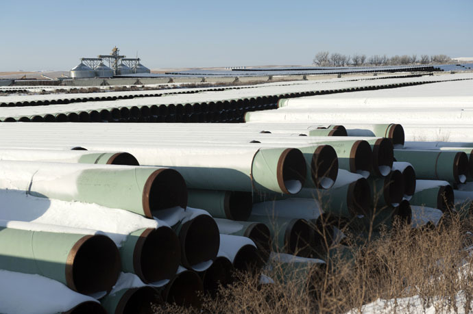 A depot used to store pipes for Transcanada Corp's planned Keystone XL oil pipeline is seen in Gascoyne, North Dakota November 14, 2014. (Reuters/Andrew Cullen)