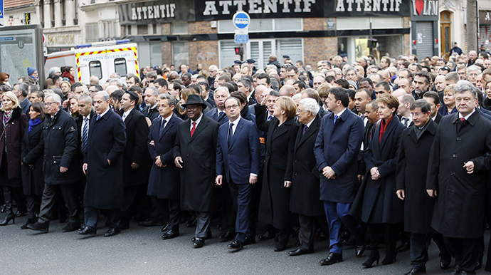 A Unity rally âMarche Republicaineâ in Paris on January 11, 2015 in tribute to the 17 victims of a three-day killing spree by homegrown Islamists (AFP Photo / Patrick Kovaric)