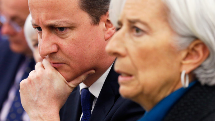 British Prime Minister David Cameron listens as International Monetary Fund (IMF) Managing Director Christine Lagarde (R).(Reuters / Kevin Lamarque)
