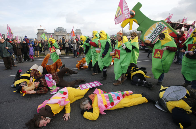 German farmers and consumer rights activists perform as the take part in a march to protest against the Transatlantic Trade and Investment Partnership (TTIP), mass husbandry and genetic engineering in front of the Reichtsgas building Berlin, January 17, 2015. (Reuters/Fabrizio Bensch) 