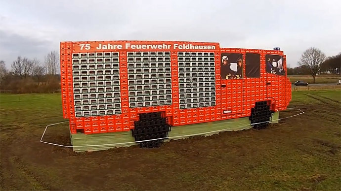 No small beer: German firefighters make XXL truck with ale crates (VIDEO)