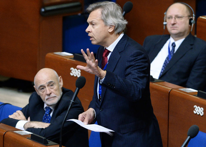 Alexei Pushkov, Chairman of the State Duma Committee on Foreign Affairs, speaks at a plenary meeting of the winter session of the Parliamentary Assembly Council of Europe (PACE). (RIA Novosti/Vladimir Fedorenko)