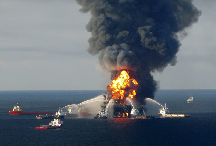 Fire boat response crews battle the blazing remnants of the offshore oil rig Deepwater Horizon, off Louisiana, this in April 21, 2010 file handout image. (Reuters)