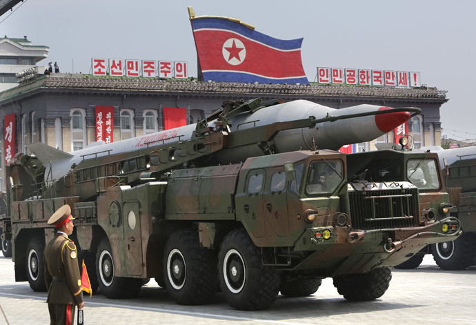 A missile is carried by a military vehicle during a parade to commemorate the 60th anniversary of the signing of a truce in the 1950-1953 Korean War, at Kim Il-sung Square in Pyongyang July 27, 2013. (Reuters/Jason Lee)