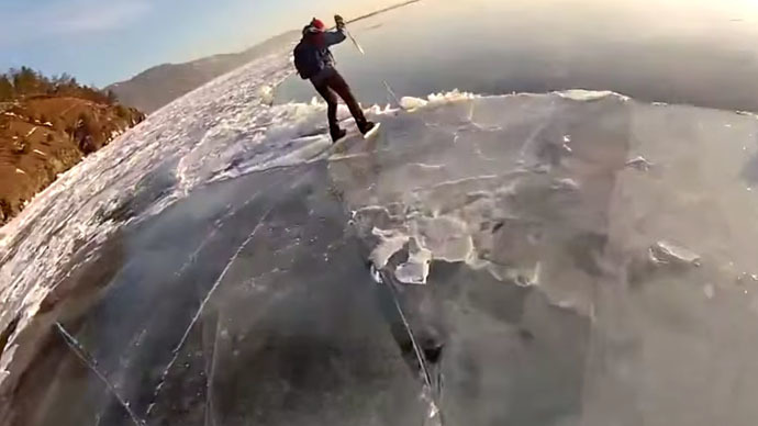 Risk-taking Siberian skier plunges into icy Lake Baikal, captured on GoPro camera