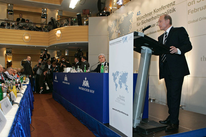 Russian President Vladimir Putin addressing the 43rd Munich Conference on Security Policy held at the Bayerischer Hof Hotel October 2, 2007.