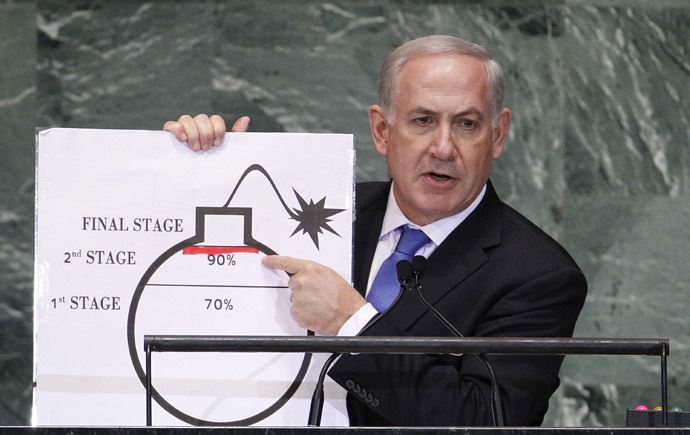 Israel's Prime Minister Benjamin Netanyahu points to a red line he has drawn on the graphic of a bomb as he addresses the 67th United Nations General Assembly at the U.N. Headquarters in New York, September 27, 2012. (Reuters/Lucas Jackson)