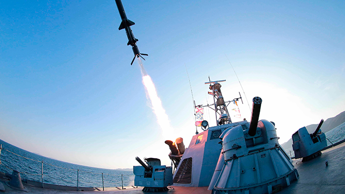 A missile is fired from a naval vessel during the test-firing of a new type of anti-ship cruise missile to be equipped at Korean People's Army (KPA) naval units (Reuters / KCNA)