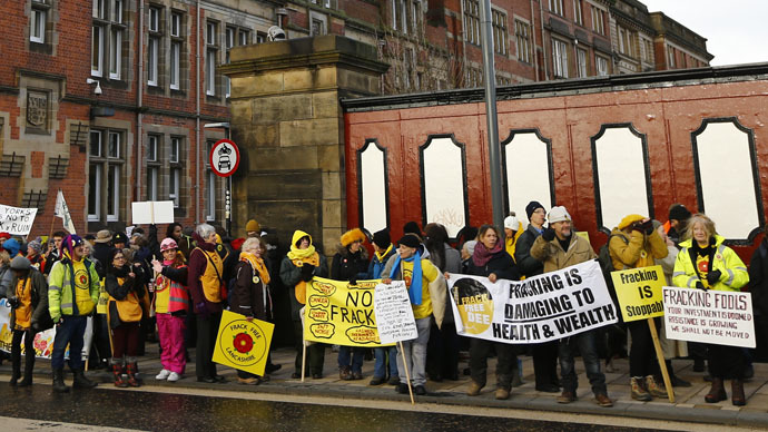 Demonstrators gather outside the County Hall during an anti-fracking protest in Preston, northern England January 28, 2015. (Reuters/Darren Staples)