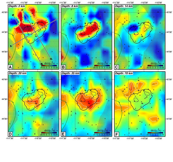 When mapping seismic wave velocity in depth slices below Yellowstone National park, geophysicists attribute the low-velocity anomalies (red) to magma chambers. Image credit: Huang et al.
