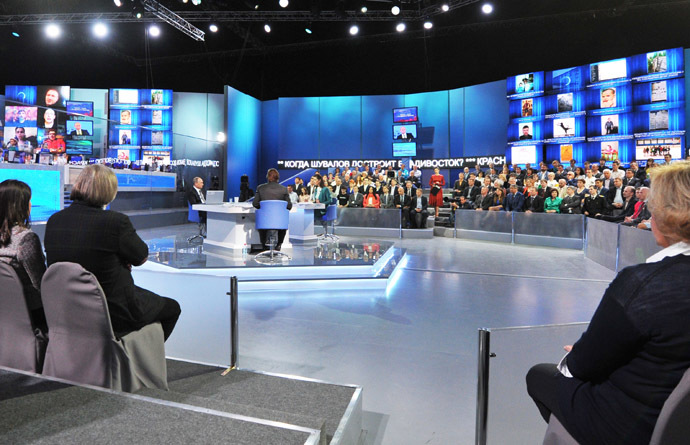 April 16, 2015. Russian President Vladimir Putin, center left, answers questions from the public during the annual Direct Line with Vladimir Putin special broadcast live on Russian television and radio. (RIA Novosti/Michael Klimentyev)